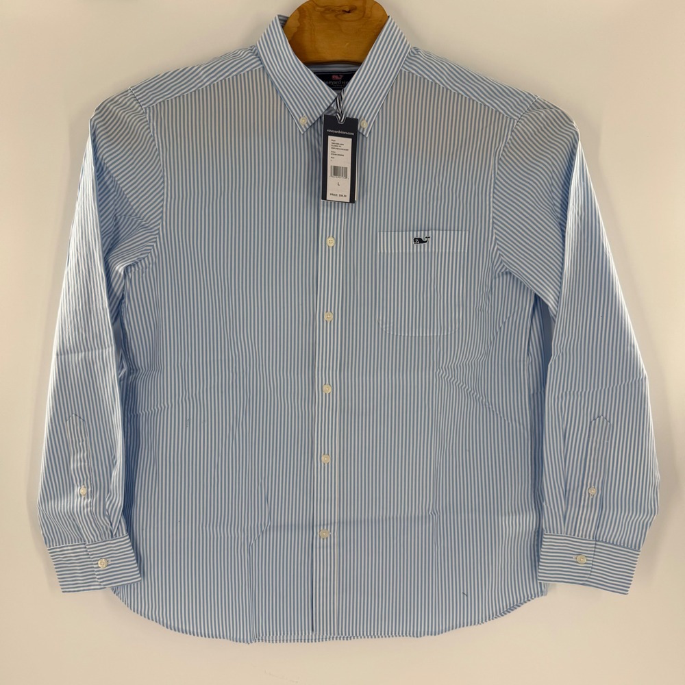Vineyard Vines Mens Classic Fit Stripe Stretch Poplin Shirt Ocean Breeze L NWT